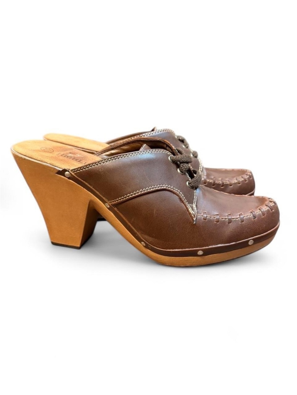 High Lights Brown Leather Moccasin Clog Mules Size 11 Lace Up Y2K Heels